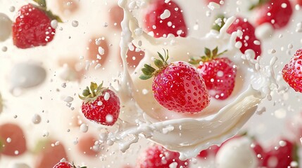 Canvas Print -   Strawberries are falling into the glass of milk