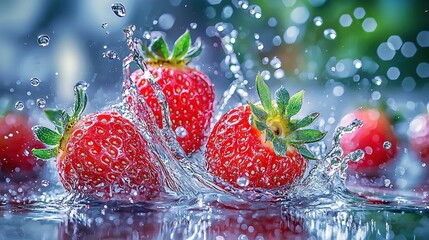 Wall Mural -   A cluster of strawberries splashes into water with a green leaf atop one of them