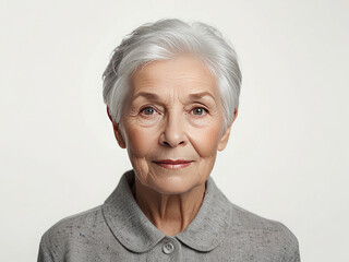 Studio photo of an elderly woman with short gray hair on a white background.