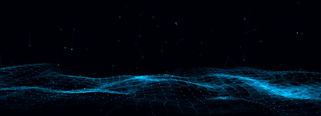 Wall Mural - Dark cyberspace in digital background. Abstract vector technology blue wave with motion glowing dots and lines. Connection big data. Futuristic wireframe texture. Analysis network connection.