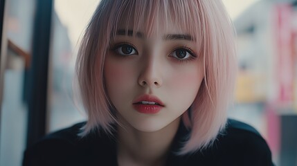 Wall Mural - Close-up portrait of a young woman with pink hair and soft makeup, looking directly at the camera.