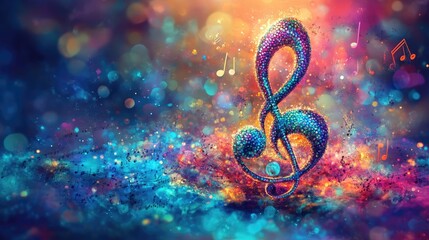 A vibrant treble clef made of music notes, floating in a colorful, artistic background, representing International Music Day.