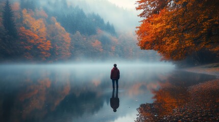 Wall Mural - A serene moment by the misty lake in autumn, surrounded by vibrant trees and soft reflections at dawn