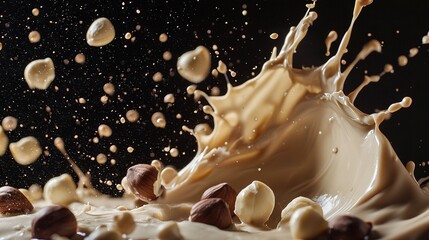 Canvas Print -    a close-up milkshake with nuts emerging from its interior and milk being added on top