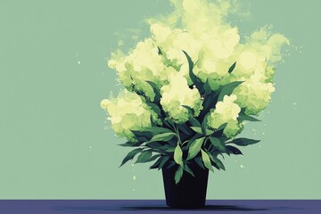 Poster - Blooming White Flowers in a Pot Against a Green Background