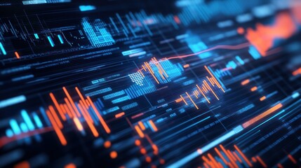 Abstract Digital Interface with Blue and Orange Glowing Lines and Data
