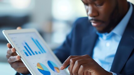 A man in a suit uses his finger to scroll through charts and data on a tablet.