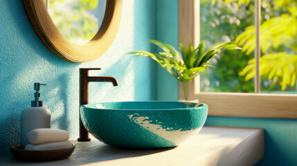 Bright and inviting bathroom sink with lush greenery view on a sunny day