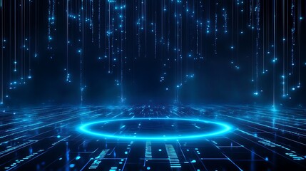 Futuristic blue digital background with glowing particles and a circular platform for innovation and technology themes.