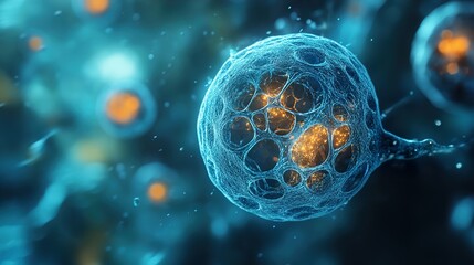 Wall Mural - microscopic cell structure: a glowing blue and orange abstract