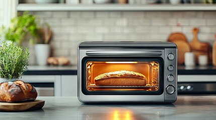 A modern countertop toaster oven with sleek chrome accents and multiple cooking settings, with a loaf of bread being baked inside.