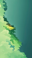 Poster - Abstract Green and Yellow Landscape with Paper Airplane