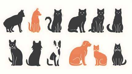  Set of pet outline icons. Vector illustration of dogs and cats