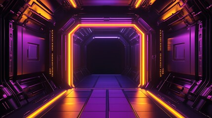 Wall Mural - Futuristic corridor with neon lights in purple and orange.