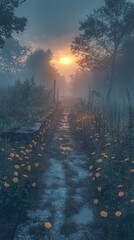 Wall Mural - Misty Path Through a Forest at Sunrise