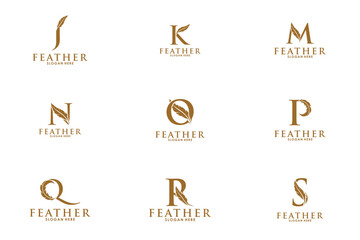 Wall Mural - Set of golden initial letter with quill signature logo design. Minimalist initial identity feather ink logo template.