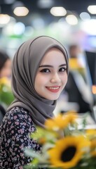 Beautiful Muslim Woman in Hijab Smiling with Sunflowers ,Portrait of a happy and confident woman