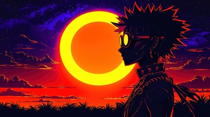 Sticker - Silhouette of a Person with Spiky Hair and Glasses Against a Sunset with a Ring of Light