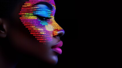 Sticker - A close-up shot of a woman's face with a rainbow binary code design.