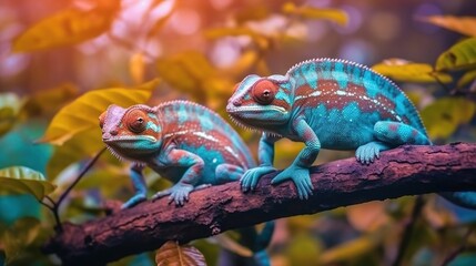 Wall Mural - Two Chameleons on a Branch