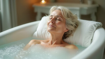 Happy older lady in bathtub with copy space