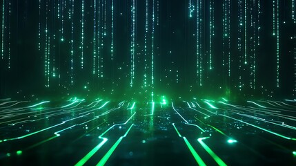 Wall Mural - Futuristic digital landscape with glowing green lines and data streams against a dark background.