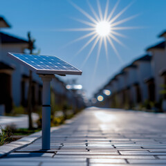 Solar-powered streetlight in an eco-friendly neighborhood under a bright sun