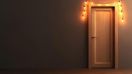 Wooden door with warm lights on a dark wall, creating a cozy atmosphere.