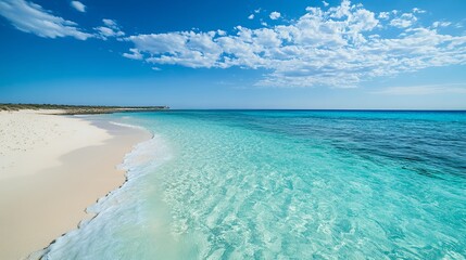 Canvas Print - A pristine white sand beach meets clear turquoise waters under a bright blue sky.