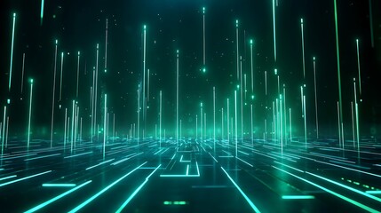 Wall Mural - Futuristic digital landscape with green glowing lines and dots, representing a virtual world.