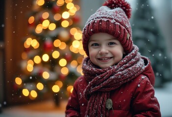 Wall Mural - Little boy bundled up in a hat and scarf, smiling in front of a glowing Christmas tree