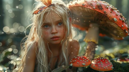 Poster - Enchanted pixie sitting on a toadstool in a magical forest