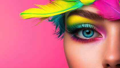 Eye with Bold Neon Eyeshadow and Long Lashes with colorful feathers on pink background 