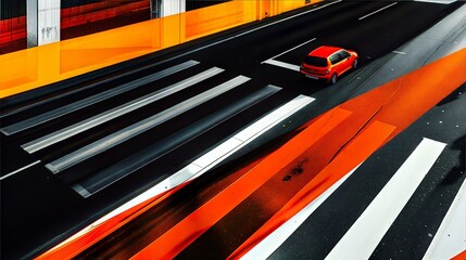 Red Car on Modern Highway with Vibrant Orange and White Abstract Road Markings