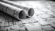 © CinimaticWorks - architectural plans rolled and ready for implementation in the design of a construction project, with blueprints detailing building layouts and structures