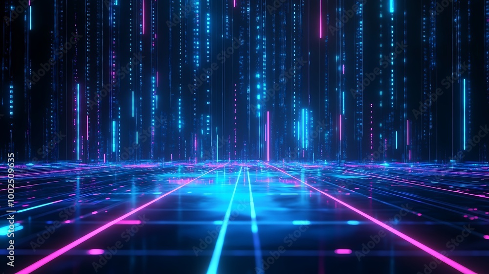 Futuristic neon digital grid with glowing lines and particles, creating ...
