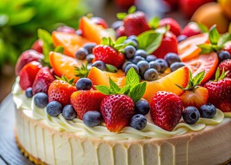 Indulge in a beautifully decorated cake topped with fresh fruits and creamy frosting, ideal for celebrations and