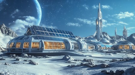 Wall Mural - a futuristic lunar base with advanced technology and solar panels