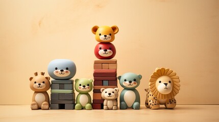 Cute Animal Toys and Wooden Blocks Stacked