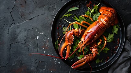 A cooked lobster on a black plate with fresh herbs and red peppercorns.