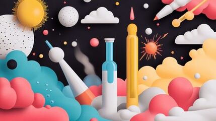 Wall Mural - A vibrant illustration of a lab setting with various chemical reactions happening simultaneously, depicting the dynamism of chemical experiments.