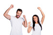 © deagreez - Photo of overjoyed pair celebrating lottery winning wear casual outfit isolated blue background