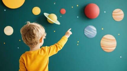 Wall Mural - A child pointing at a colorful illustration of the solar system while a teacher explains the planets.