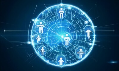 Wall Mural - abstract network of interconnected people icons on a dark blue background