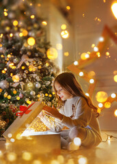 happy girl opening x-mas or new year presents. children with gift boxes and christmas star. decorate
