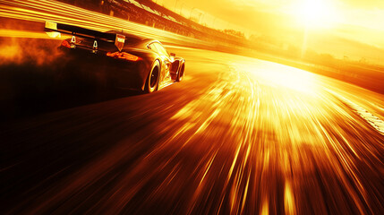 Golden light over Grand Prix track, cars speed along the circuit, creating a dynamic atmosphere-4