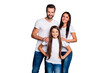 © deagreez - Portrait of charming family smiling wearing white t-shirt isolated over blue background