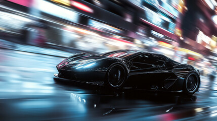 Black sports car, trimmed in silver, racing through a blurred dark city, capturing its futuristic speed-3