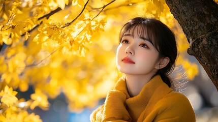 A portrait of an East Asian woman sitting under a tree with bright yellow autumn leaves around her.