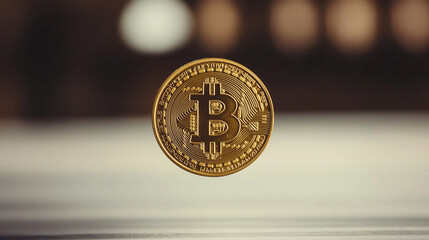 Floating bitcoin coin with blurred lights in the background
